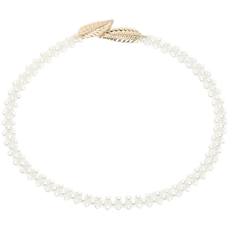 Faux Pearl Belt Women's Metal Leaf Elastic Pearl Waist Chain Women's Decoration For Dress Elastic Belt