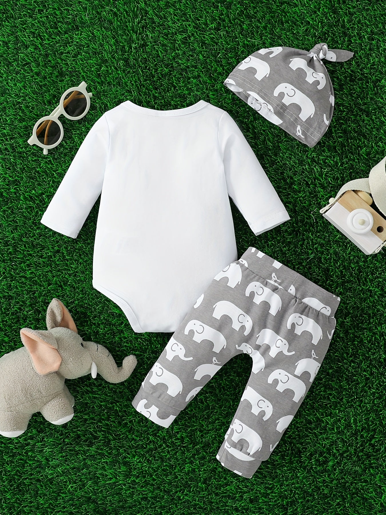 Baby Boys Cotton Bodysuit + Matching Pants + Hat With Elephant Print, Long Sleeve Romper Onesie Set Baby Clothes