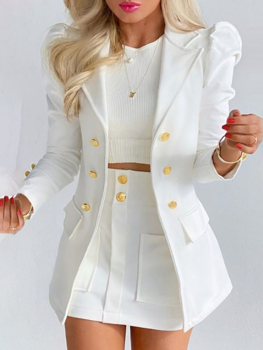 Blazers Two-piece Set, Casual Fashion Solid Loose Long Sleeve Blazers & Mini Skirt, Women's Clothing