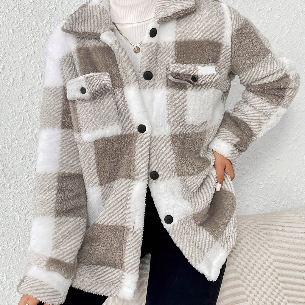 Plaid Pattern Button Front Jacket, Elegant Long Sleeve Warm Outerwear For Fall & Winter, Women's Clothing