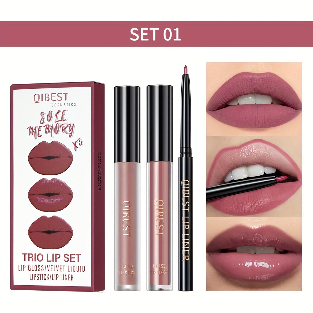 Lip Liner, Lipstick And Lip Gloss Trio Set, Matte Liquid Lipstick + Matching Lip Liner + Lip Gloss Nude Velvety Lipstick Makeup Kit Gift Set, Waterproof Long Lasting, Contains Plant Squalane Formula