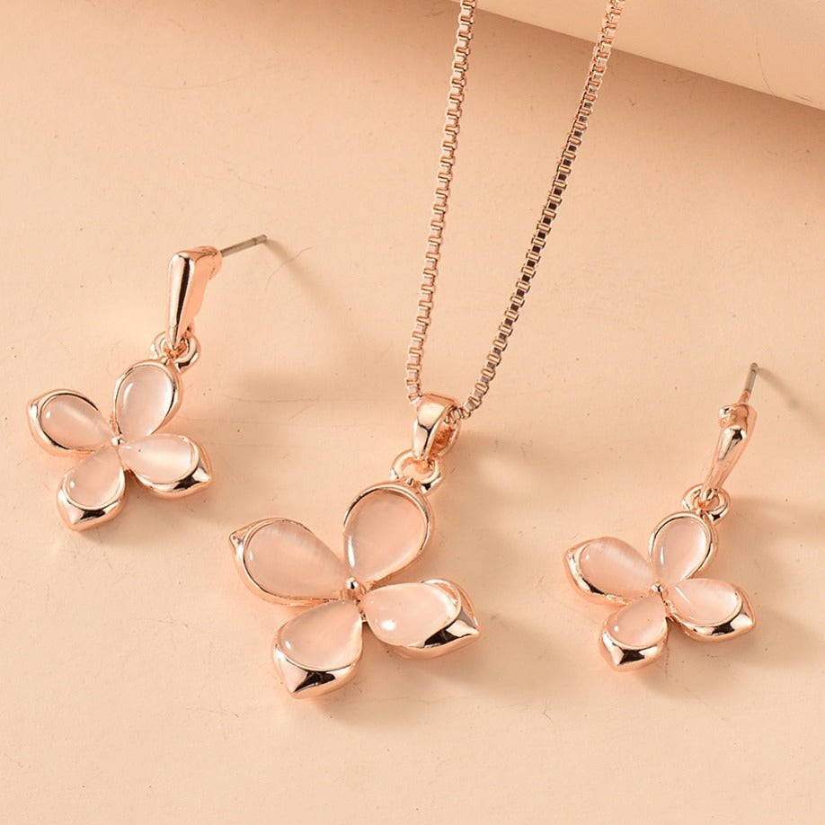 Delicate Pink Four Leaf Clover Opal Pendant Necklace & Earrings Jewelry Set Lucky Accessories Gift For Birthday Party St. Patrick's Day Holiday Ornament