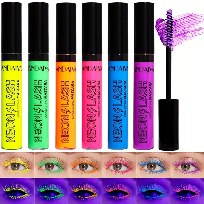UV Glow 6 Colors Neon Mascara, Matte Colorful Waterproof Mascara, Smudge Proof Fluorescent Face Body Painting Halloween Cosplay Makeup Gift For Music Festival