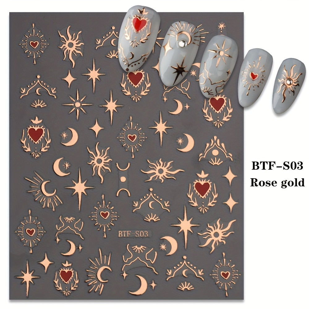 Golden Sun, Moon, and Star Nail Art Stickers - Self-Adhesive 3D Decals for French Nail Design and DIY Decoration