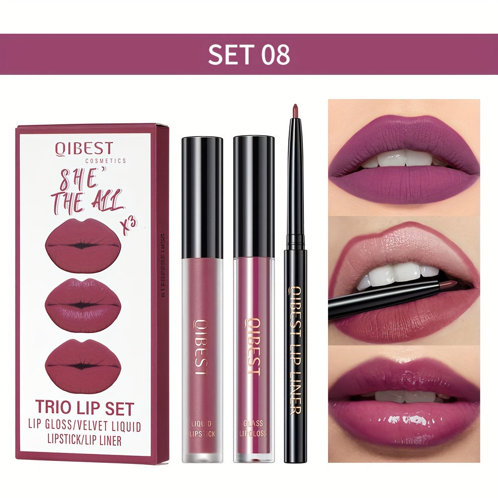 Lip Liner, Lipstick And Lip Gloss Trio Set, Matte Liquid Lipstick + Matching Lip Liner + Lip Gloss Nude Velvety Lipstick Makeup Kit Gift Set, Waterproof Long Lasting, Contains Plant Squalane Formula