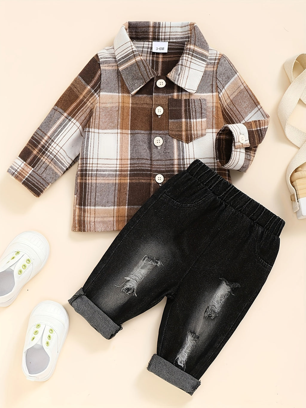 Boy's Casual Plaid Button-Up Shirt & Ripped Imitation Denim Pants Set - Cozy Polyester, Non-Transparent, Perfect for Fall/Winter, Perfect for Outdoor