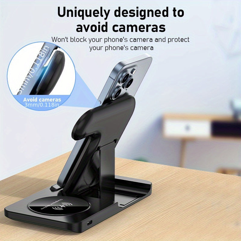 Foldable Fast Wireless Charging Station - Multi-Device Charger Stand For iWatch (Series 9 to 2), For Airpods Pro, and For iPhone (15 to 8)
