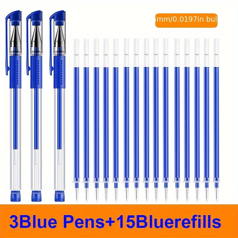 18pcs (3 Pens + 15 Refills) Gel Pen Set School Supplies Black Blue Red Ink Color 0.5Mm Ballpoint Pen Kawaii Pen Student School Office Stationery