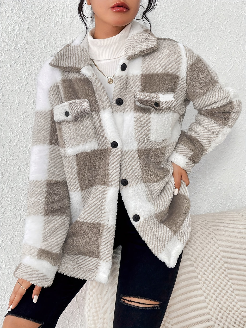 Plaid Pattern Button Front Jacket, Elegant Long Sleeve Warm Outerwear For Fall & Winter, Women's Clothing