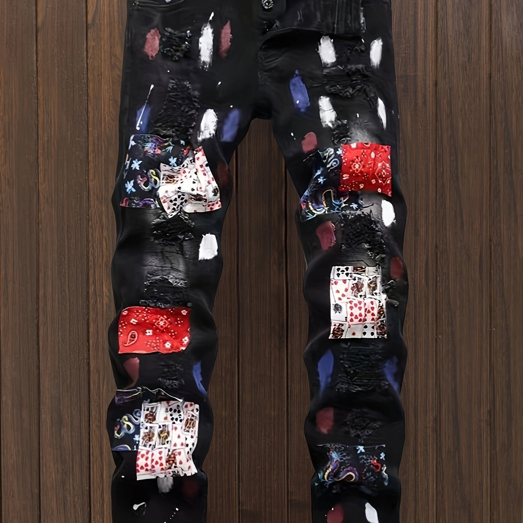 Men's Trendy Ripped Patchwork Jeans - Stretch Slim Fit with Vibrant Graffiti Art, Denim Material, Machine Washable, All-Season Style, Allseason Jeans|Distressed Denim|Comfortable Fit Jeans