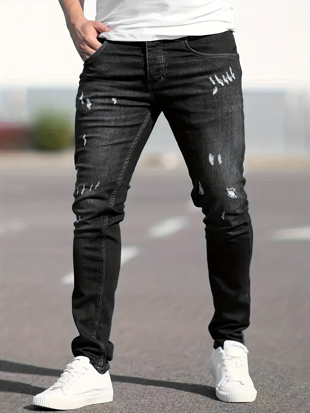 Slim Fit Ripped Jeans, Men's Casual Street Style Distressed Medium Stretch Denim Pants