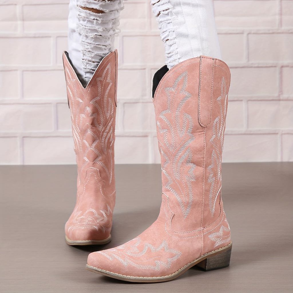 [Retro Cowgirl Boots] Retro Style Women's Western Mid Calf Boots | V-cut Embroidery Cowgirl Boots, Pointed Toe Slip On Shoes