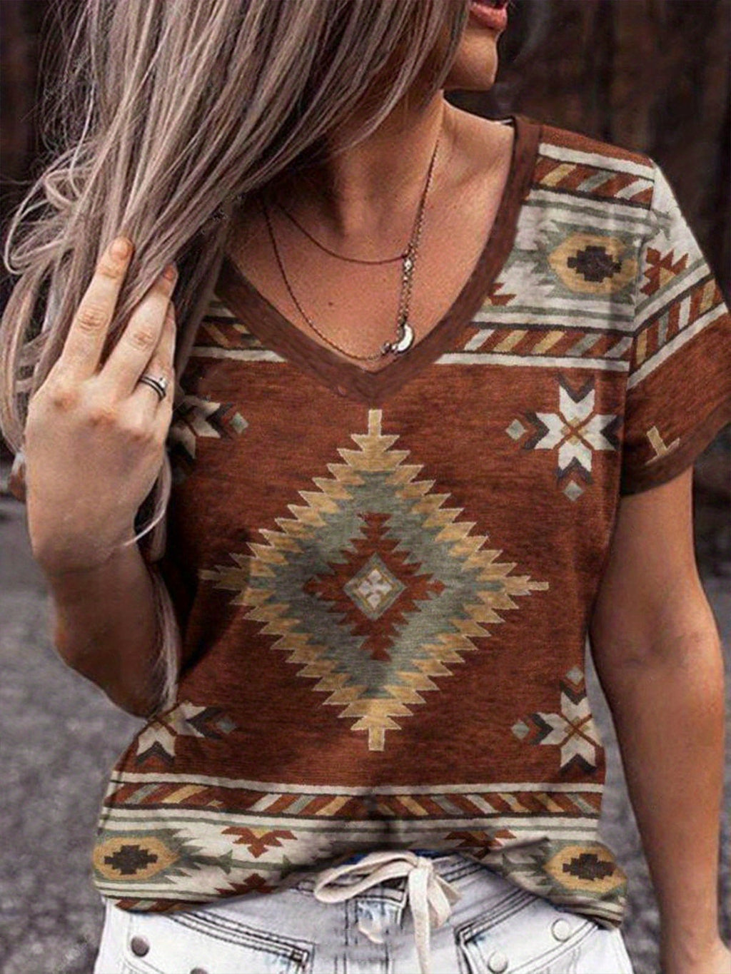 Western Geo Print V Neck T-Shirt, Casual Short Sleeve T-Shirt For Spring & Summer, Women's Clothing