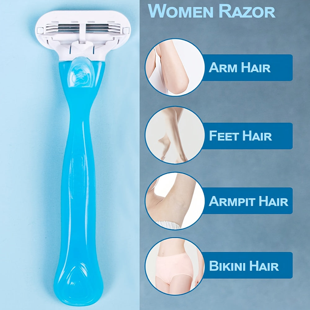 [1 Handle + 8 Blades Razor Kit] [Hypoallergenic Safety] Ladies' Classic Manual Hair Removal Razor Kit - Hypoallergenic, Reusable with 1 Blue Handle + 8 White Blades, 3-Layer Stainless Steel for Smooth, Normal Skin, Hair Remov