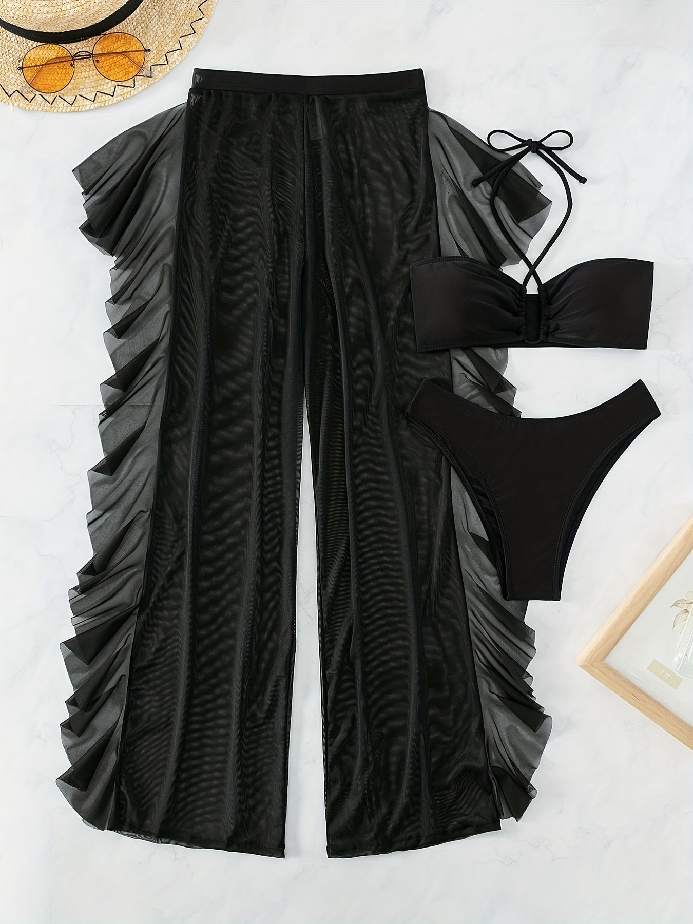 Pure Black Sexy Half-Transparent Fashion Gathered Cross-Band Mesh Panty Three-piece Bikini Swimsuit Women's Clothing