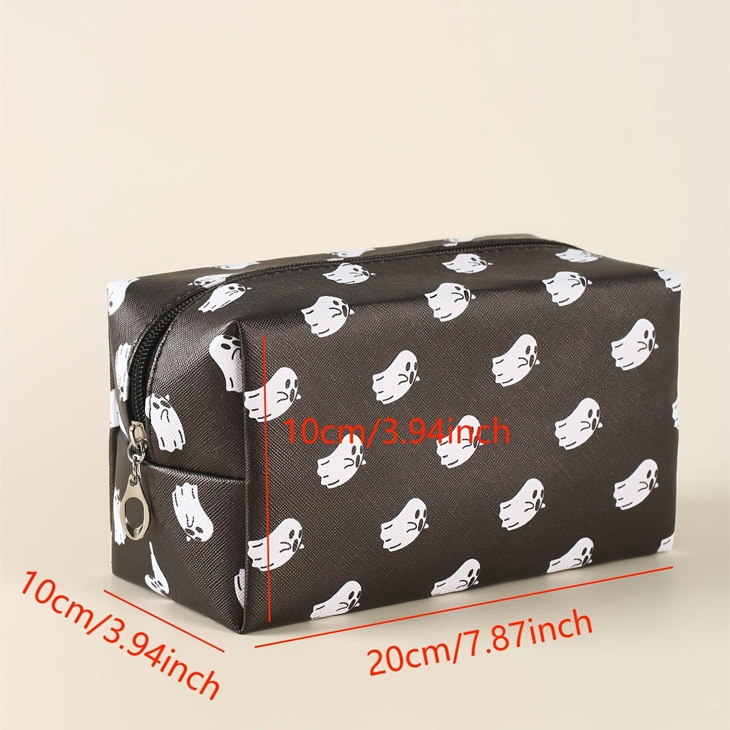Halloween Little Ghost Print Makeup Pouch Zipper Roomy Square Cosmetic Bag Travel Accessories Organizer Halloween Gift For Friends Men Women