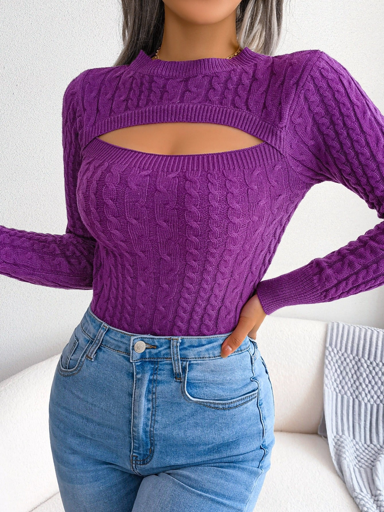 Women'S Sexy Hollow-Out Knit Pullover Sweater, Long Sleeve Crew Neck, Skinny Fit, Acrylic Blend (Polyester 28%, Polyamide 22%, Viscose 28%), High Stretch Fabric, Solid Color, Spring/Fall Fashion Top