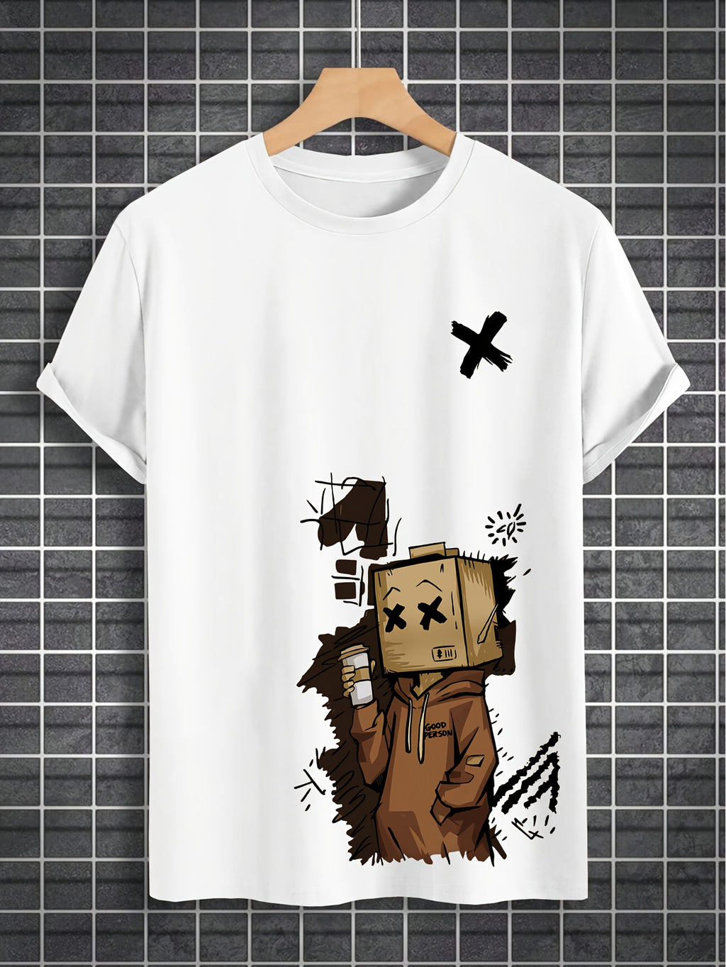 Men'S Summer Casual T-Shirt with Playful Robot & Cupcake Graphic - Red, Short Sleeve, Round Neck, Loose Fit, Geometric Pattern, Perfect for Streetwear or Casual Attire, Casual Summer Wear | Playful Graphic Tee | Comfortable F