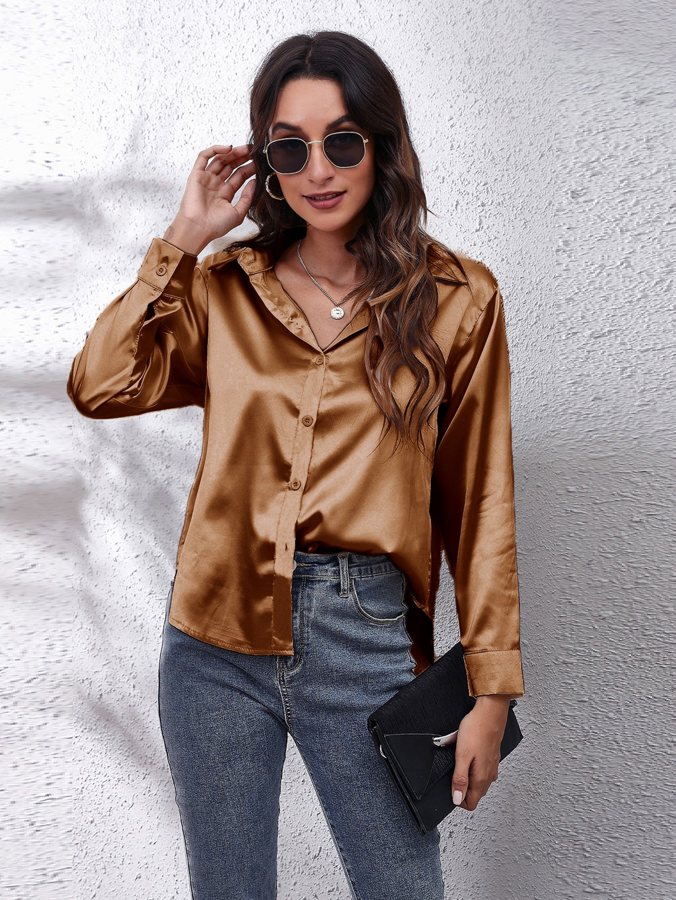 Solid Color Long Sleeve Button Down Tops, Business Casual Blouses For All Seasons, Women's Clothing