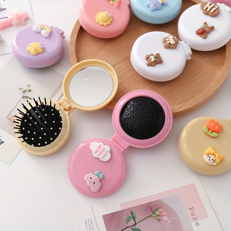 Cute Folding Airbag Comb With Mirror Cartoon Round Pocket Hair Brush With Makeup Mirror Compact Travel Hairbrush Mini Hair Massage Comb For Women And Girls