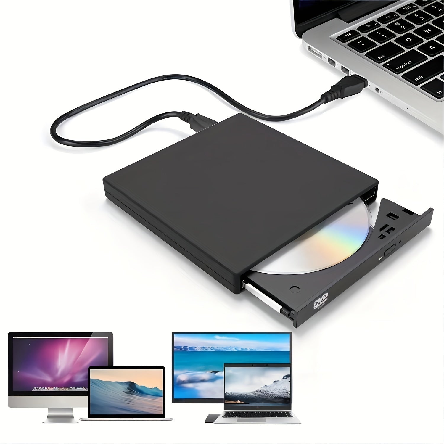 Compact USB 2.0 External DVD-RW Drive | Plug & Play, Slim Portable Burner/Writer for Laptops & Desktops | Supports CD/DVD Playback, Data Copying | Black, with Power Cable