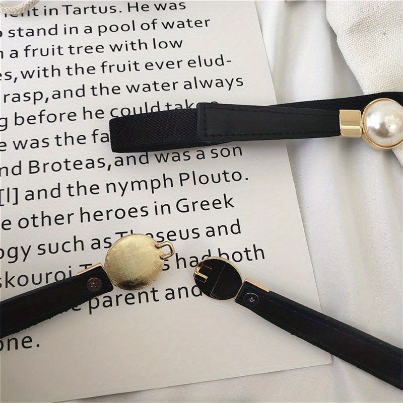 Faux Pearl Elastic Thin Belt, Women's Decoration For Dress, Fashion Simple Women's Buckle Thin Belt