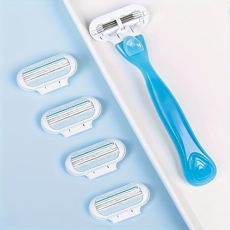 [1 Handle + 8 Blades Razor Kit] [Hypoallergenic Safety] Ladies' Classic Manual Hair Removal Razor Kit - Hypoallergenic, Reusable with 1 Blue Handle + 8 White Blades, 3-Layer Stainless Steel for Smooth, Normal Skin, Hair Remov