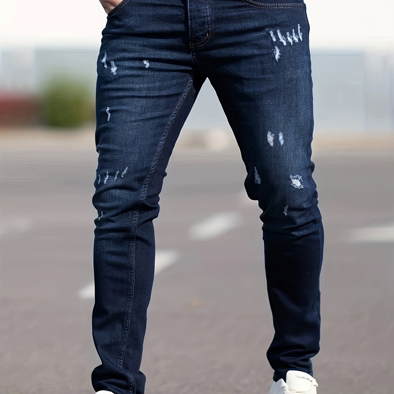 Slim Fit Ripped Jeans, Men's Casual Street Style Distressed Medium Stretch Denim Pants