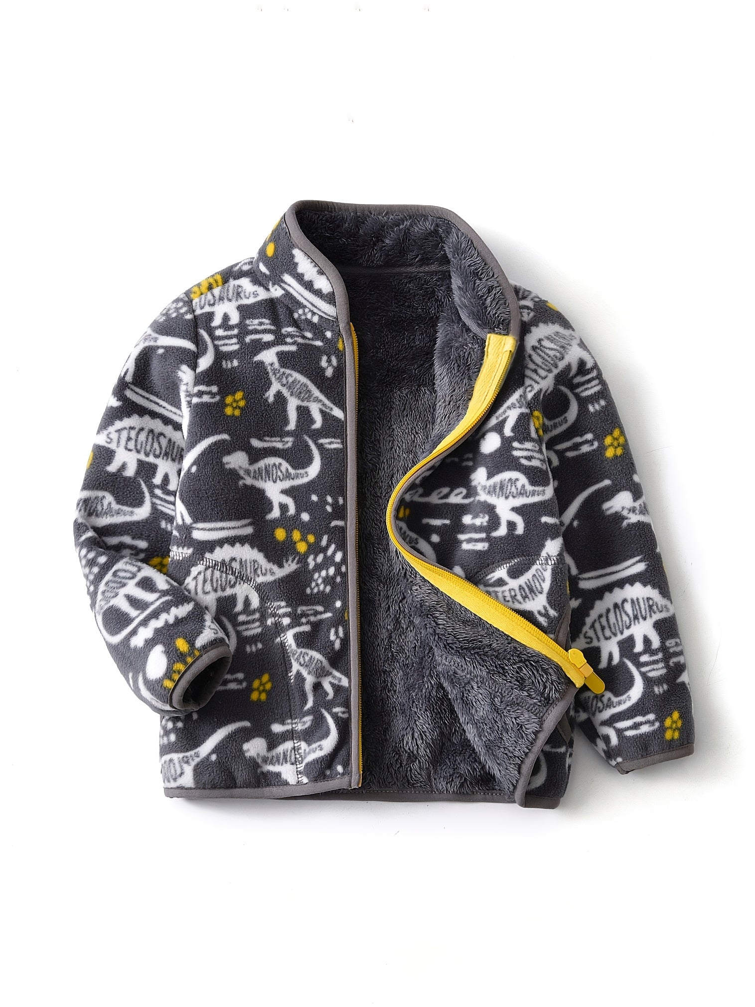 Boys' Cartoon Dinosaur Print Fleece Jacket 2022 Autumn/Winter New Arrival Baby Stand Collar Gray Thickened Plush Coat