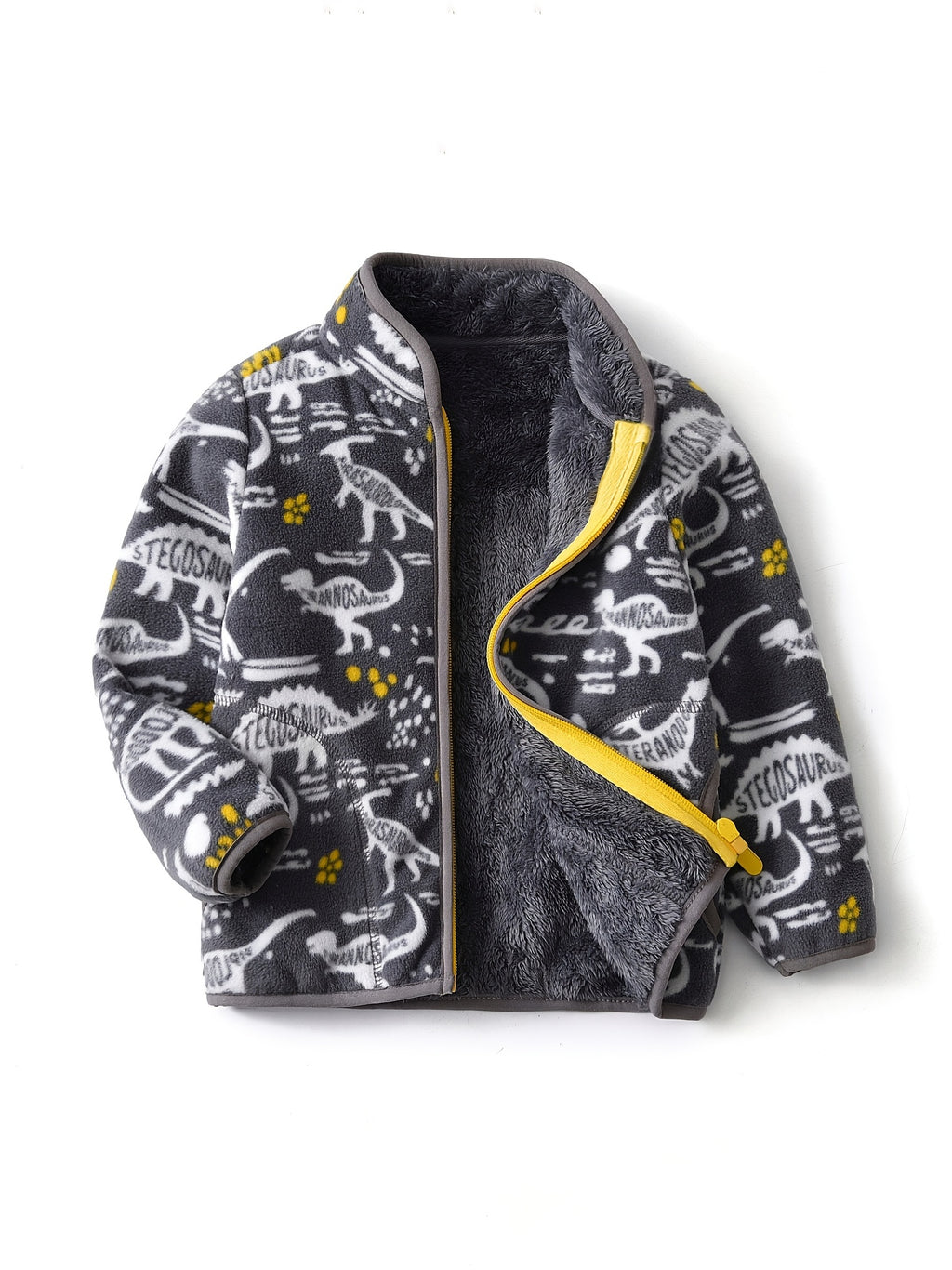 Boys' Cartoon Dinosaur Print Fleece Jacket 2022 Autumn/Winter New Arrival Baby Stand Collar Gray Thickened Plush Coat