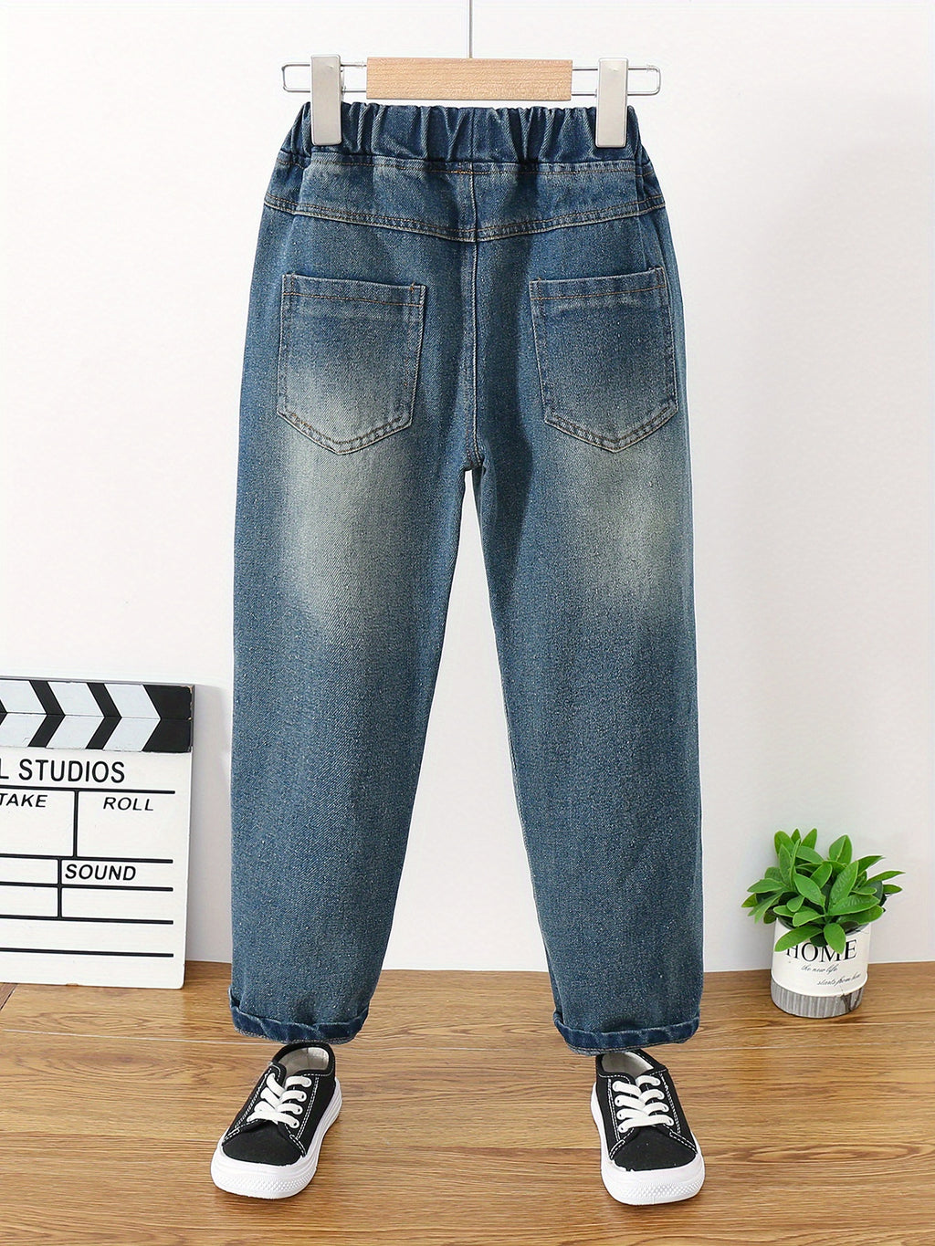 Girls Ripped Tapered Jeans, Cartoon Pattern Elastic Waistband Denim Jeans Kids Clothes