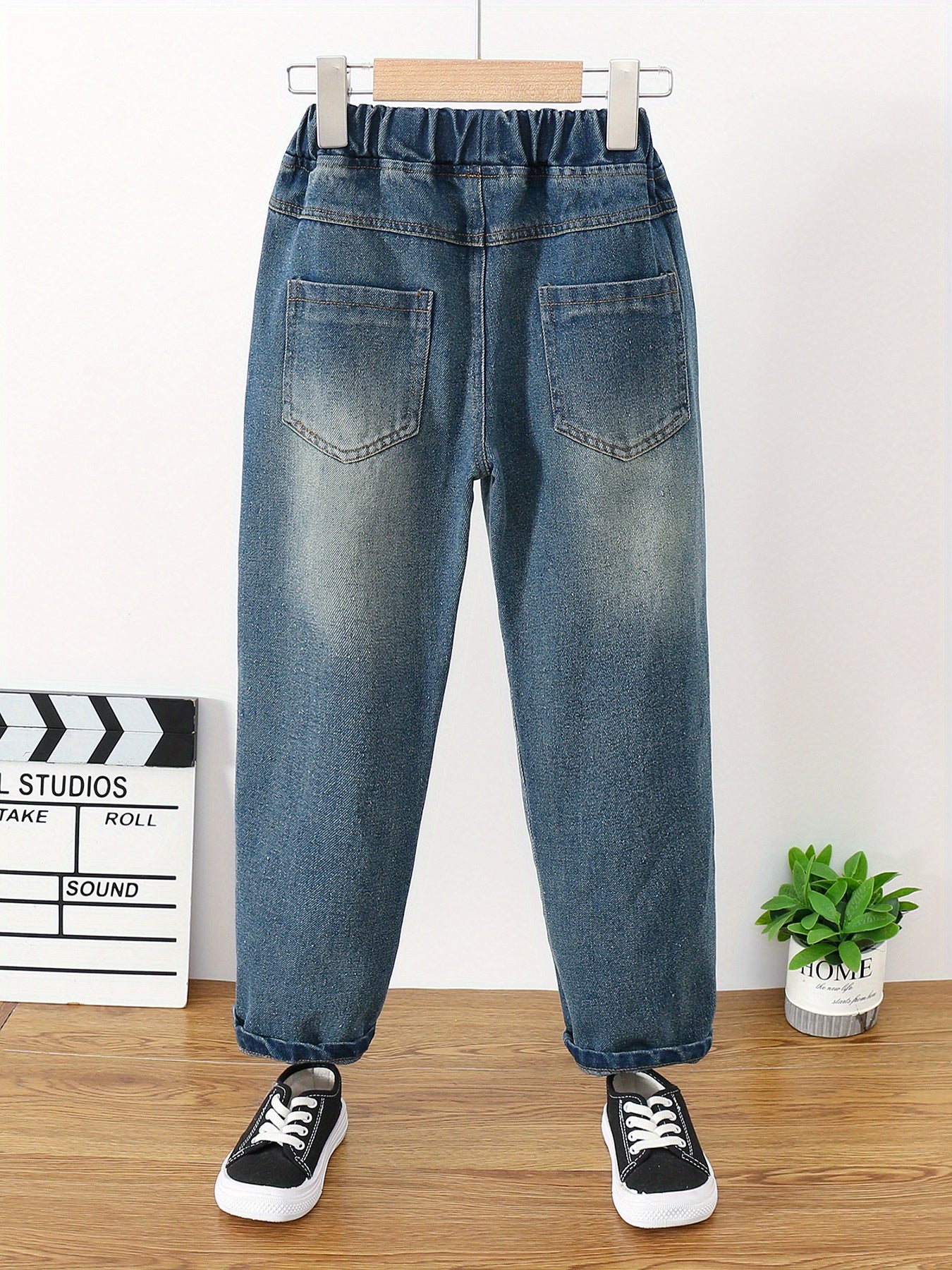 Girls Ripped Tapered Jeans, Cartoon Pattern Elastic Waistband Denim Jeans Kids Clothes