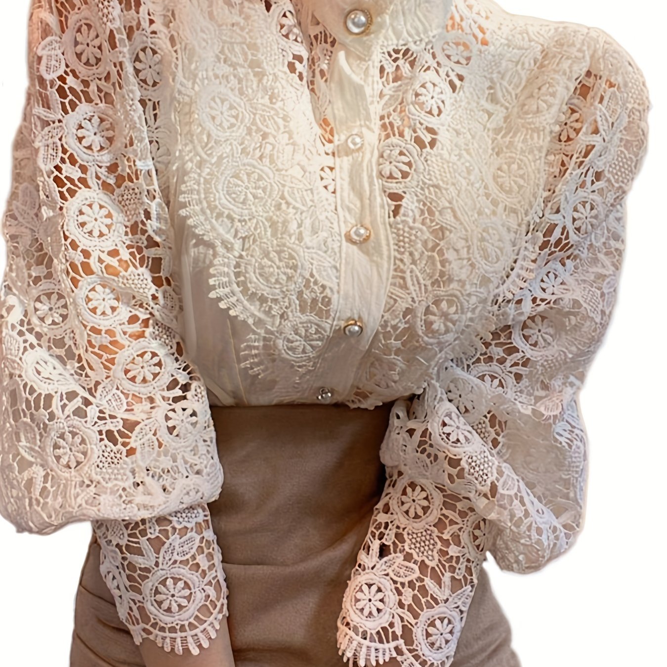 Women's Victorian Shirt - Elegant Blouse with Lace Sleeve cuffs, Vintage Button-Up Blouse for Wedding, Office, Party - Non-Stretch Formal Top (Hand Wash/Dry Clean) - Elegant Ladies Blouse, Wedding Guest Attire, Classic Collar