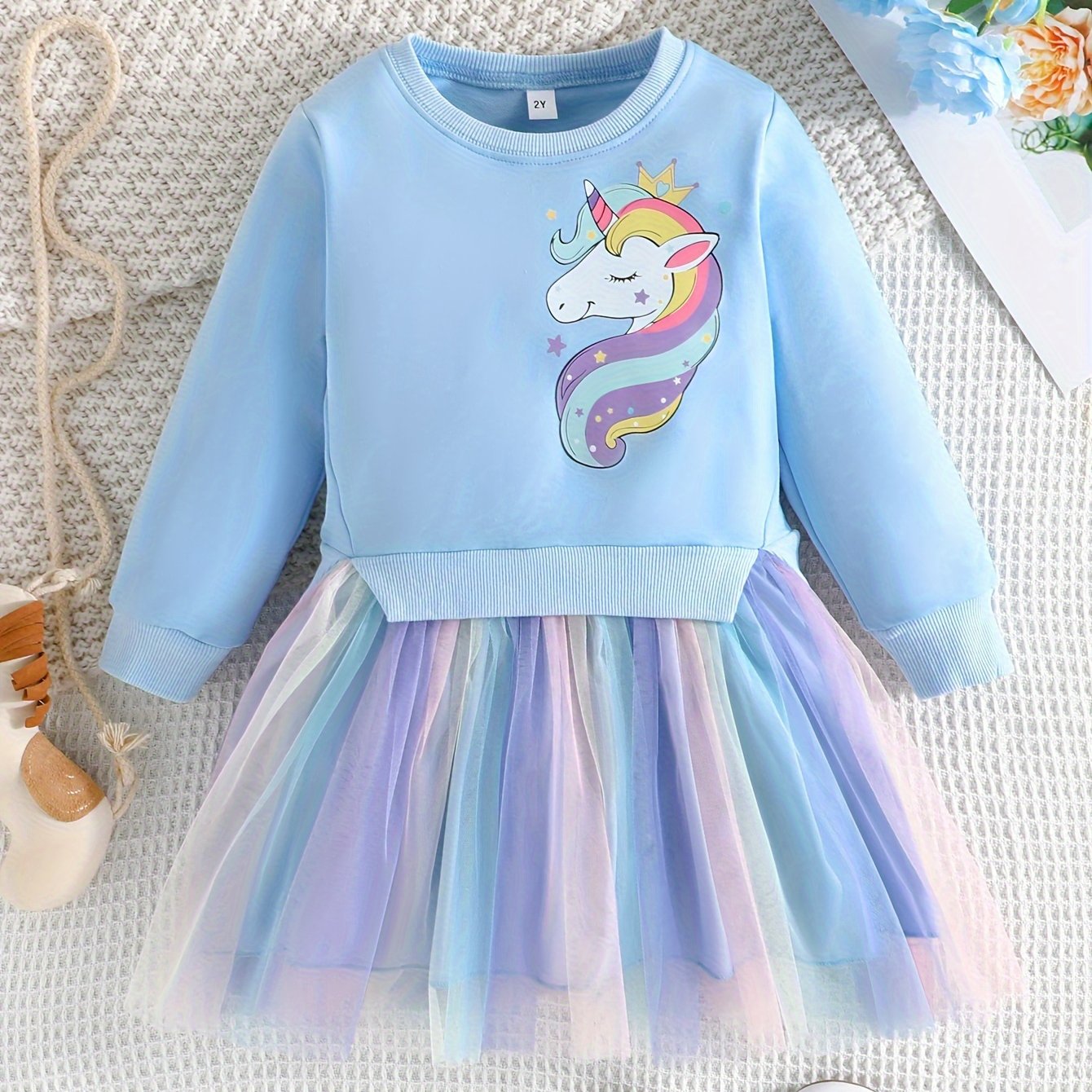 Toddler Girls Long Sleeve Cute Unicorn Graphic Color Block Mesh Spliced Princess Dress For Party Kids Clothes