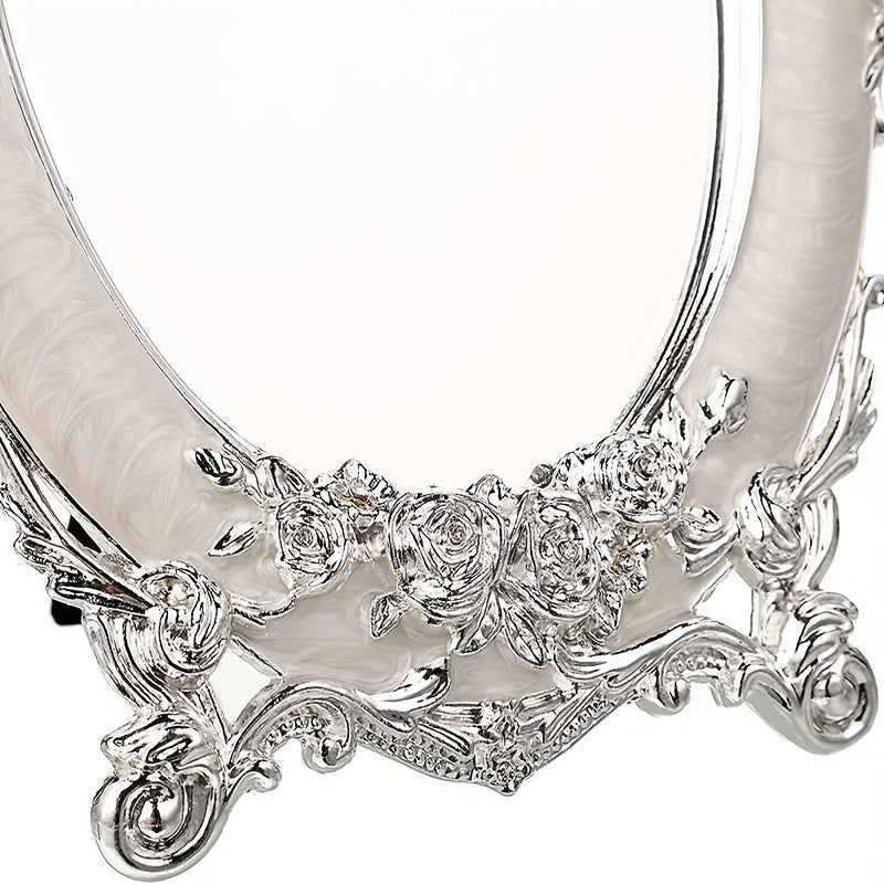 Rose Embossed Antique Oval Mirror with Stand - Vintage Tabletop Mirror for Home, Bedroom, Dressers, Living Room, Bathroom - Decorative Metal Countertop Vanity Makeup Mirror