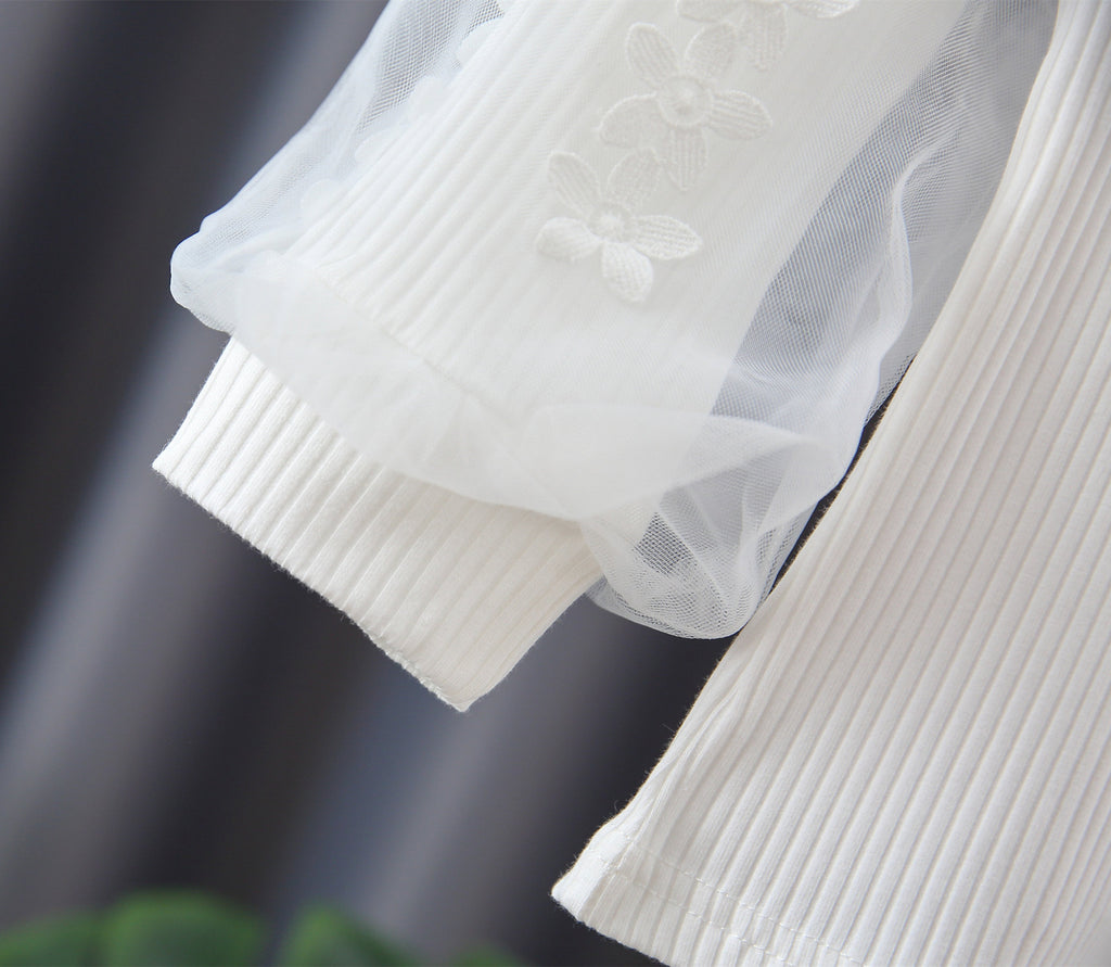 Girls Long Puff Sleeve Flower Lace Splicing Ruffles Round Neck Ribbed T-Shirts Tops Kids Clothes