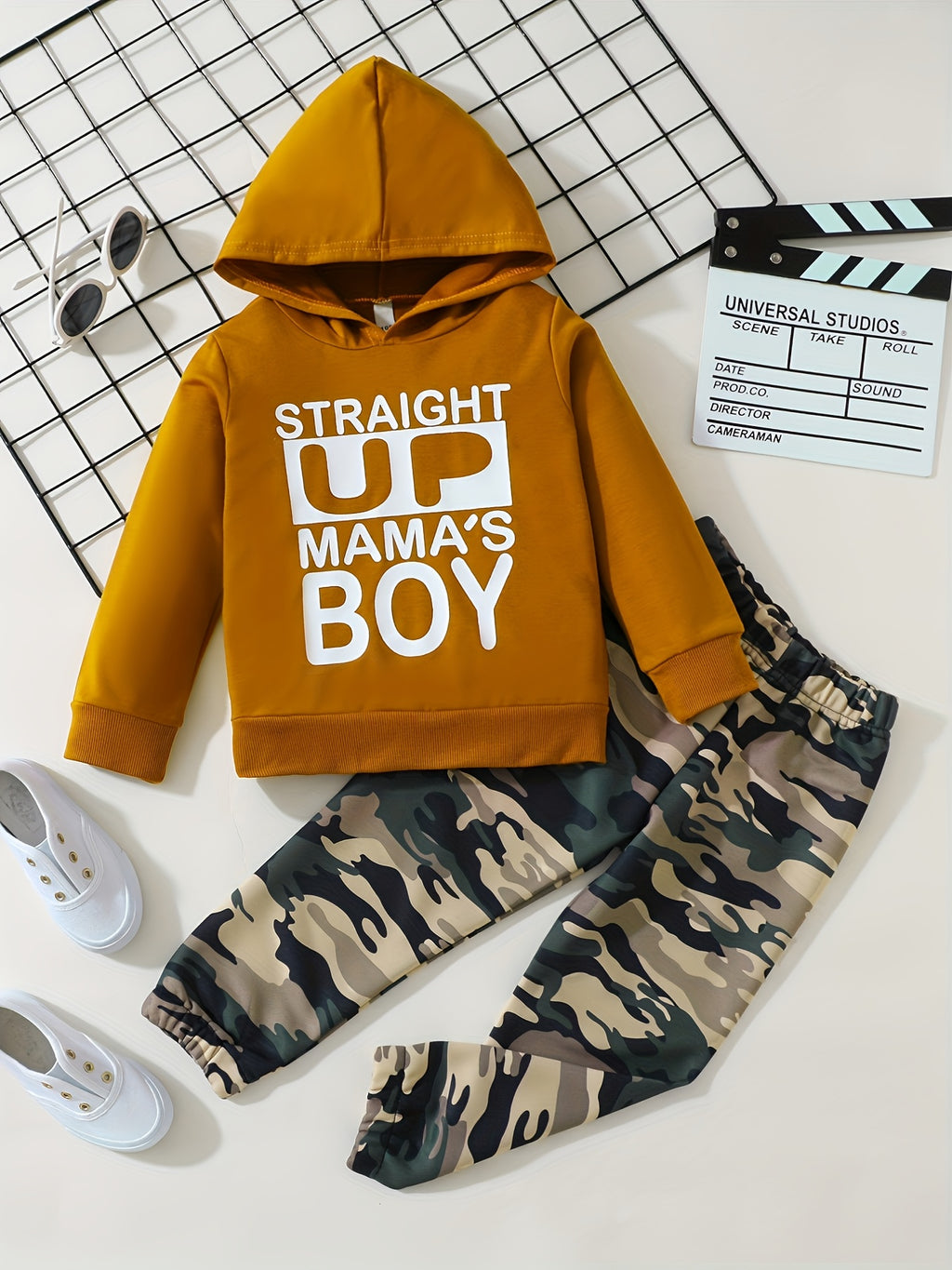 Boy's Casual Hoodie With Slogan + Camo Pants For Autumn & Winter Daily And Outdoor Wear