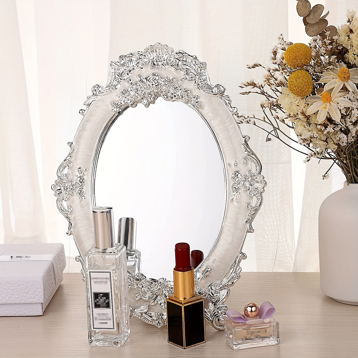 Rose Embossed Antique Oval Mirror with Stand - Vintage Tabletop Mirror for Home, Bedroom, Dressers, Living Room, Bathroom - Decorative Metal Countertop Vanity Makeup Mirror