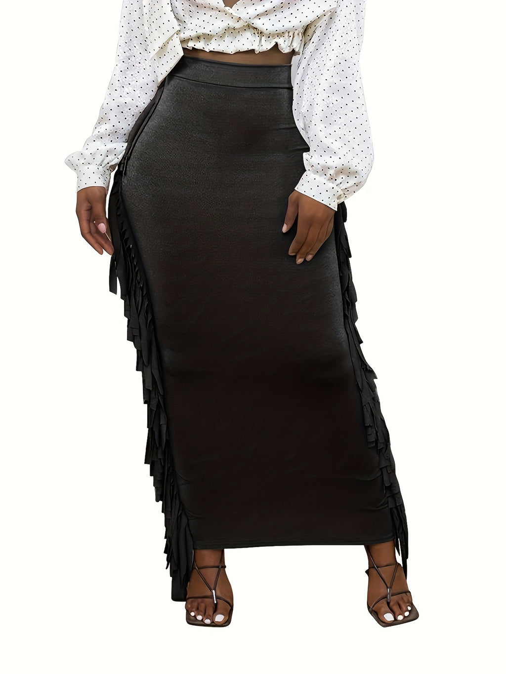 Black Elastic Waist Sides Tassel Maxi Skirt
