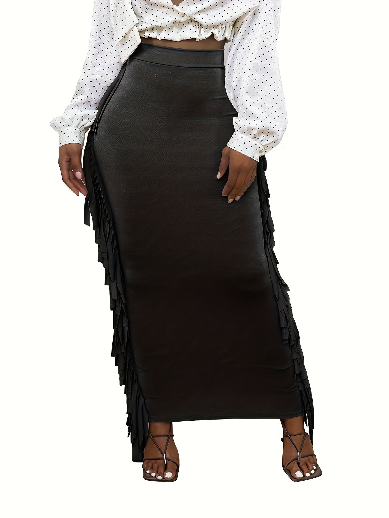 Black Elastic Waist Sides Tassel Maxi Skirt