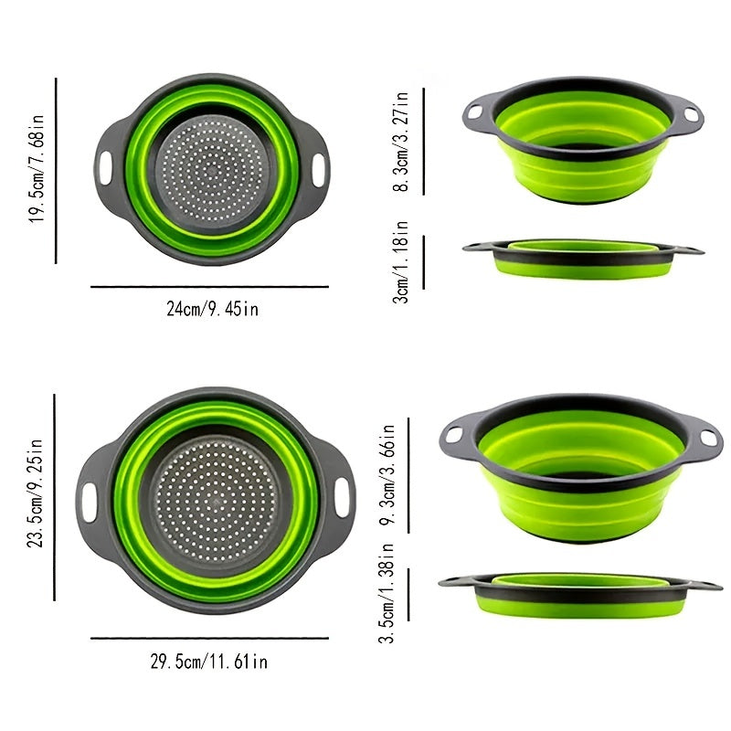 1/2 Set of Round Kitchen Draining Baskets, Foldable Funnel - Includes One Large And One Small, Perfect for Draining Pasta, Vegetables, And Fruits (Green, Red, Blue)