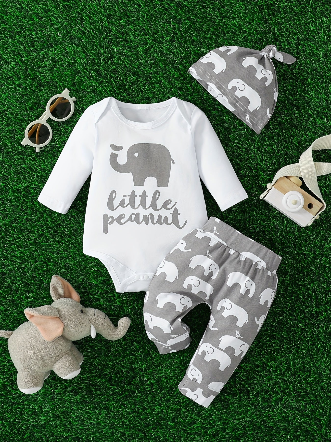 Baby Boys Cotton Bodysuit + Matching Pants + Hat With Elephant Print, Long Sleeve Romper Onesie Set Baby Clothes