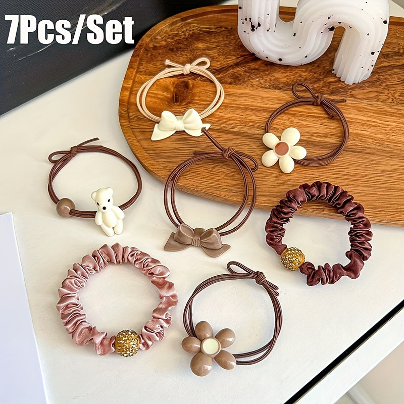 5/10/20pcs New Coffee Color Love Pendent Hair Tie, Girl Cute Bowknot Hair Tie Elastic Rubber Hair Bands Hair Accessories for Women, Ideal choice for Gifts