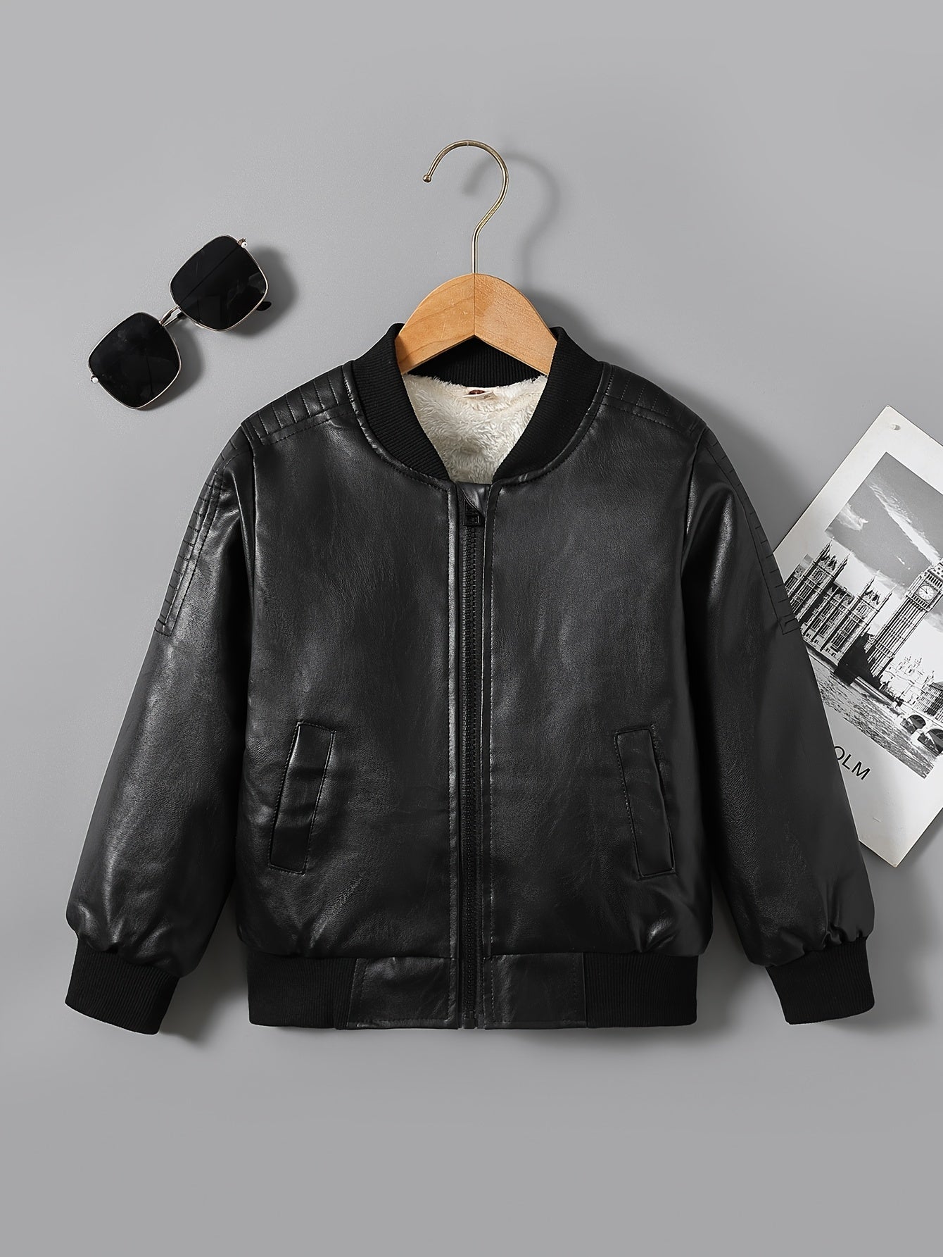 Boys' Cozy Fleece-Lined Zip-Up Jacket - Casual Stand Collar, Long Sleeve Outerwear for Fall/Winter