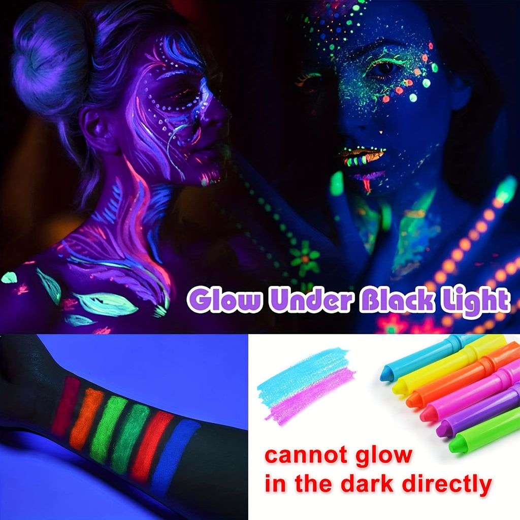 12 Pcs Glow In The Dark Body Face Paint Neon Glow In The Black Light UV Fluorescent Crayons Paint Sticks Makeup Kit For Adults Halloween Makeup Masquerade Mardi Gras Blacklight Birthday Party For Music Festival