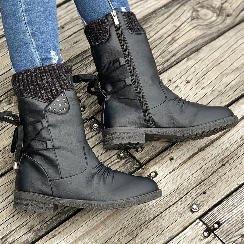 Vintage Classic Elegant 's Mid-Calf Boots. Elastic Collar Design, Lace-Up Adjustable for Plus Size s. Multiple Colors Available: Grey, Black, Khaki, Blue, Purple Womens Shoes.Cute Round Toe Slip On Autumn Ankle Boots, Lovely