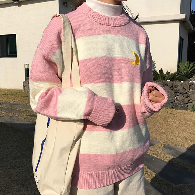 Kawaii Round Neck Striped Pullover Sweater, Casual Every Day Top For Winter & Fall, Women's Clothing
