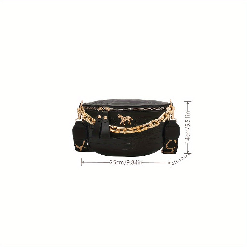 Crocodile Embossed Waist Bag Chain Decor Zipper Fanny Pack, Cool Faux Synthetic Leather Chest Bag for Women