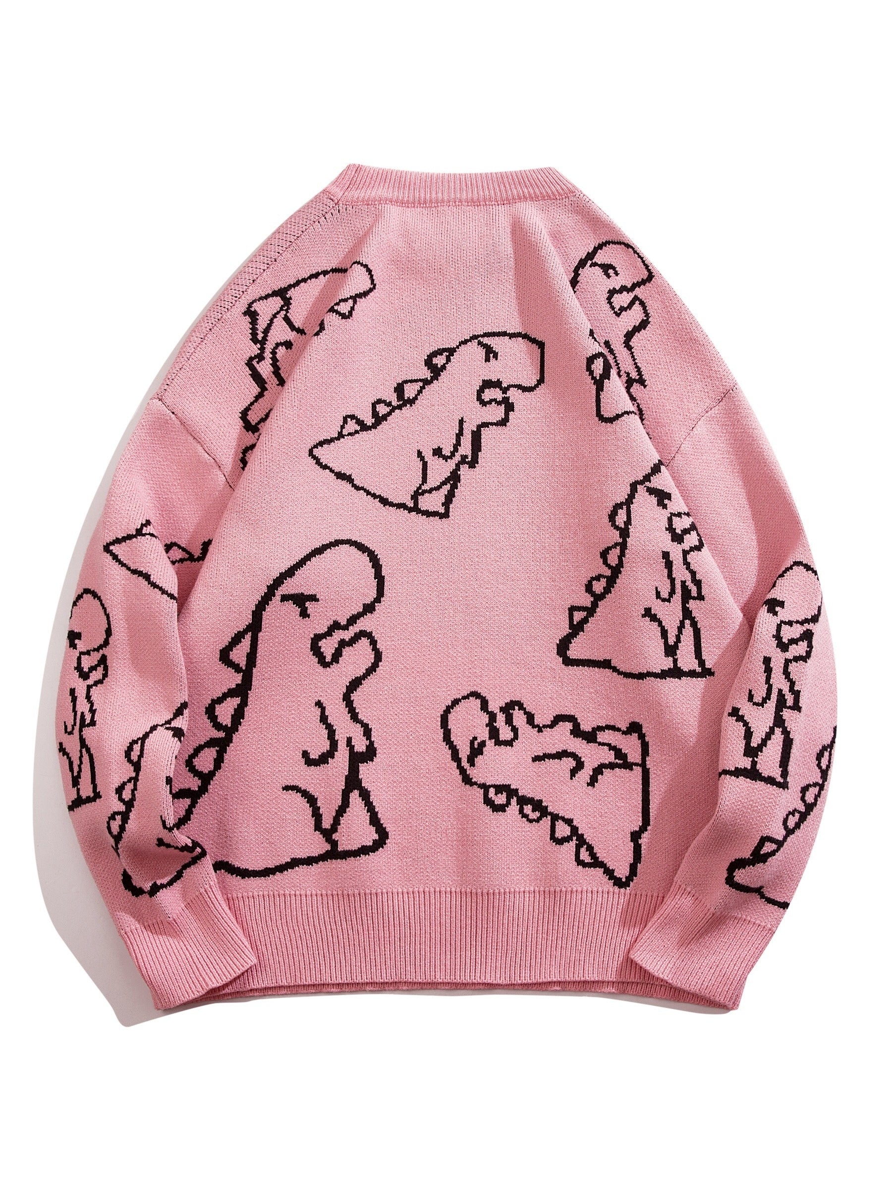 YWFG Unisex Casual Loose Fit Sweater - Black with Blue Dinosaur & Cloud Design, Long Sleeve Round Neck Pullover for Men & Women, Cozy Fall/Winter Knitwear, Dinosaur Clothes, Fall Winter Apparel, Playful Graphic Design, Comfor