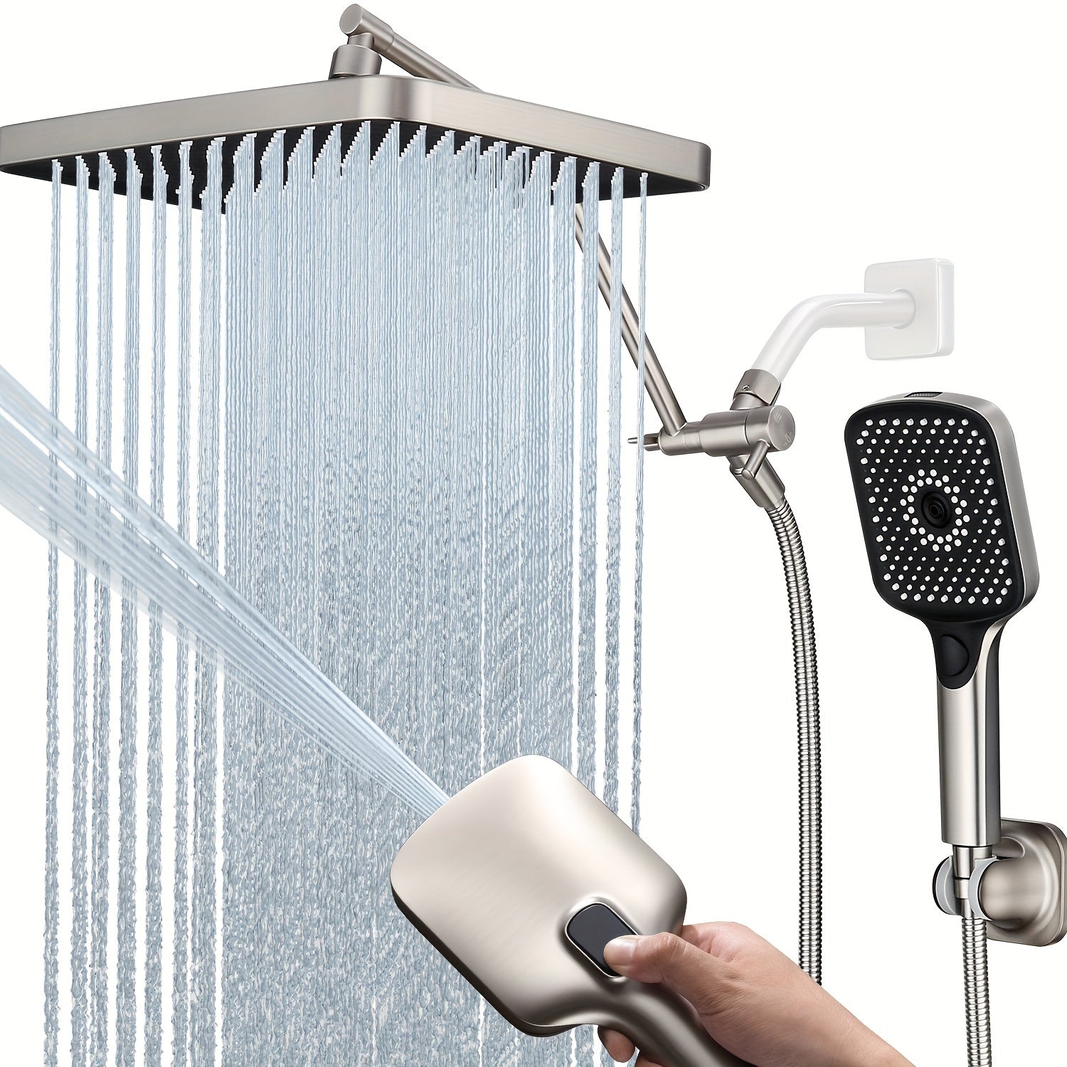 Shower Heads with Handheld Spray Combo, 13 Inches Rain Shower Head with 4-Mode Shower Wand, and 13 Inches Adjustable Arm, 3-Way Shower Diverter Valve, Extra Long Hose